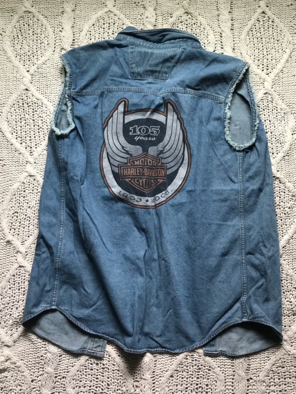 Harley Davidson Mens small 105 Anniversary Blue Sleeveless Denim vintage  - like